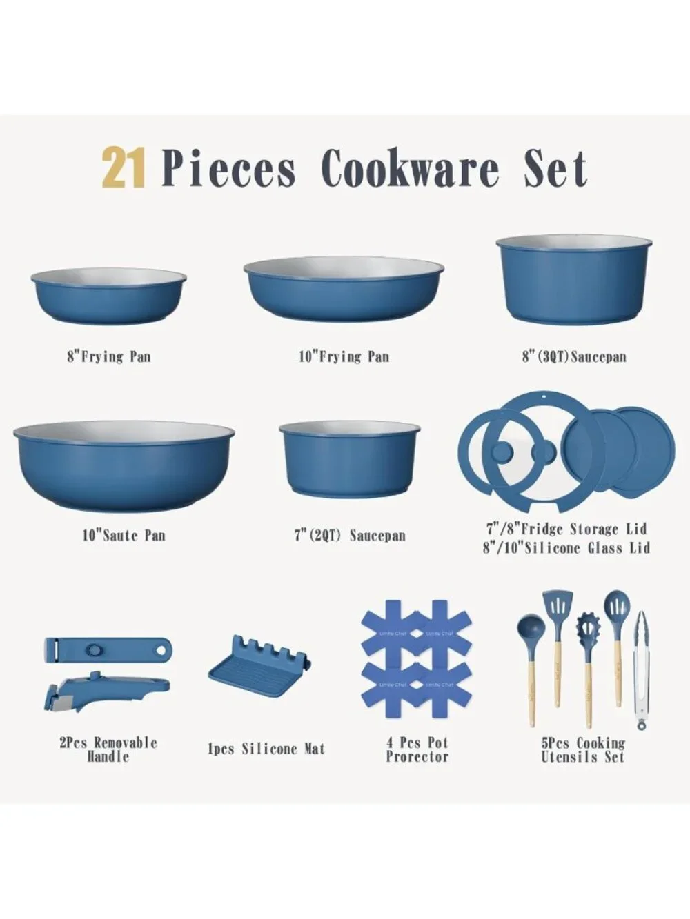 Non-Stick Ceramic Cookware Set, 21 Pcs Induction Pots & Pans with Utensils